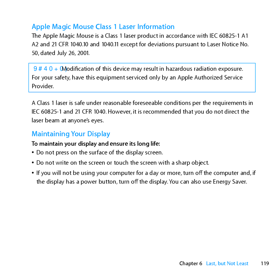 Apple MC560LL/A, MC561LL/A, MD772LL/A, MD770LL/A Apple Magic Mouse Class 1 Laser Information, Maintaining Your Display, 119 