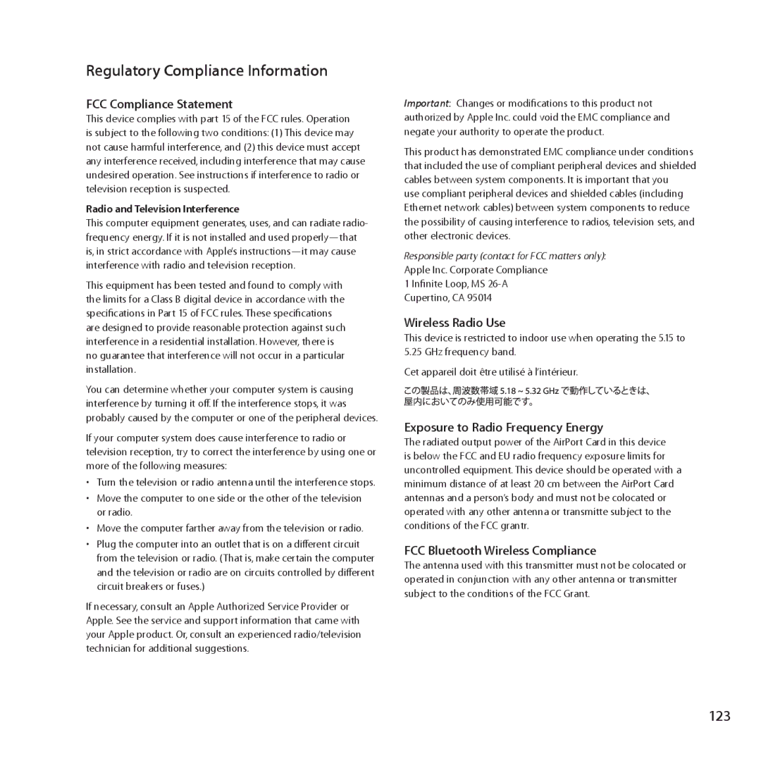 Apple MC560LL/A, MC561LL/A, MD772LL/A, MD770LL/A manual Regulatory Compliance Information, 123 