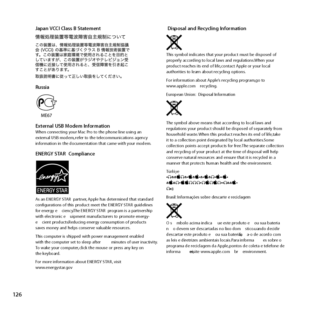 Apple MD770LL/A, MC561LL/A, MD772LL/A, MC560LL/A manual 126, Russia External USB Modem Information 