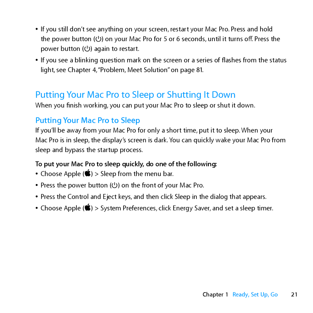 Apple MD772LL/A, MC561LL/A, MD770LL/A, MC560LL/A manual Putting Your Mac Pro to Sleep or Shutting It Down 