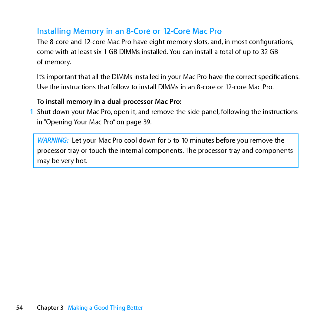 Apple MD770LL/A manual Installing Memory in an 8‑Core or 12‑Core Mac Pro, To install memory in a dual-processor Mac Pro 