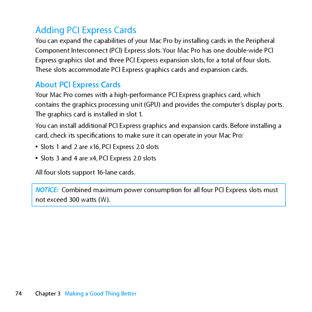 Apple MD770LL/A, MC561LL/A, MD772LL/A, MC560LL/A manual Adding PCI Express Cards, About PCI Express Cards 