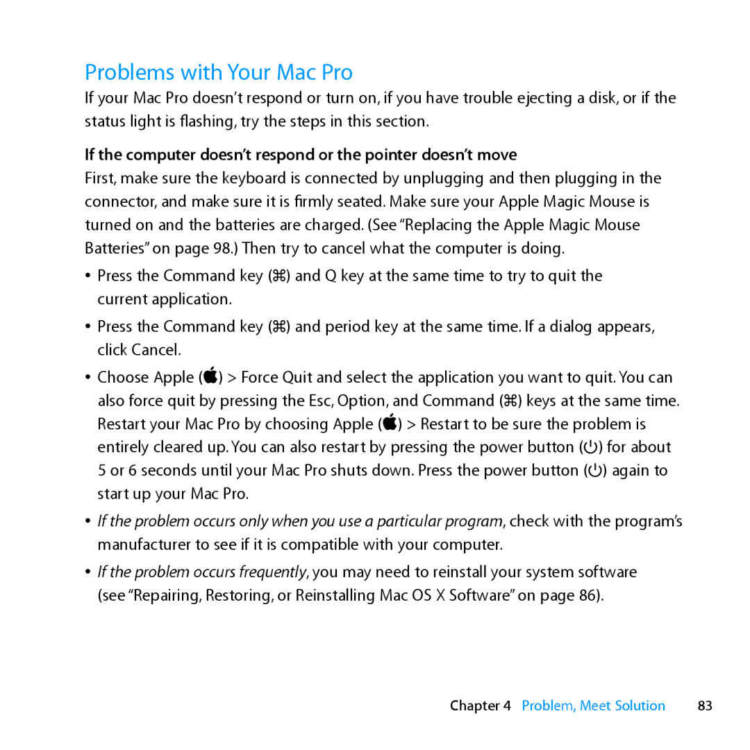 Apple MC560LL/A, MC561LL/A manual Problems with Your Mac Pro, If the computer doesn’t respond or the pointer doesn’t move 