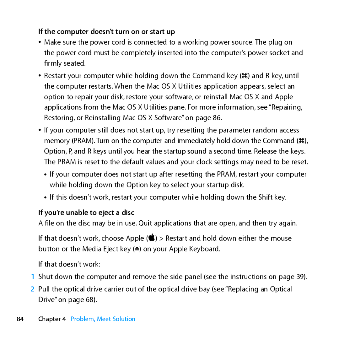 Apple MC561LL/A, MD772LL/A, MD770LL/A manual If the computer doesn’t turn on or start up, If you’re unable to eject a disc 