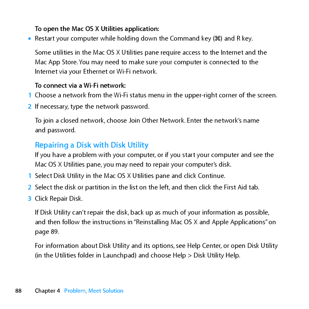 Apple MC561LL/A, MD772LL/A, MD770LL/A manual Repairing a Disk with Disk Utility, To open the Mac OS X Utilities application 