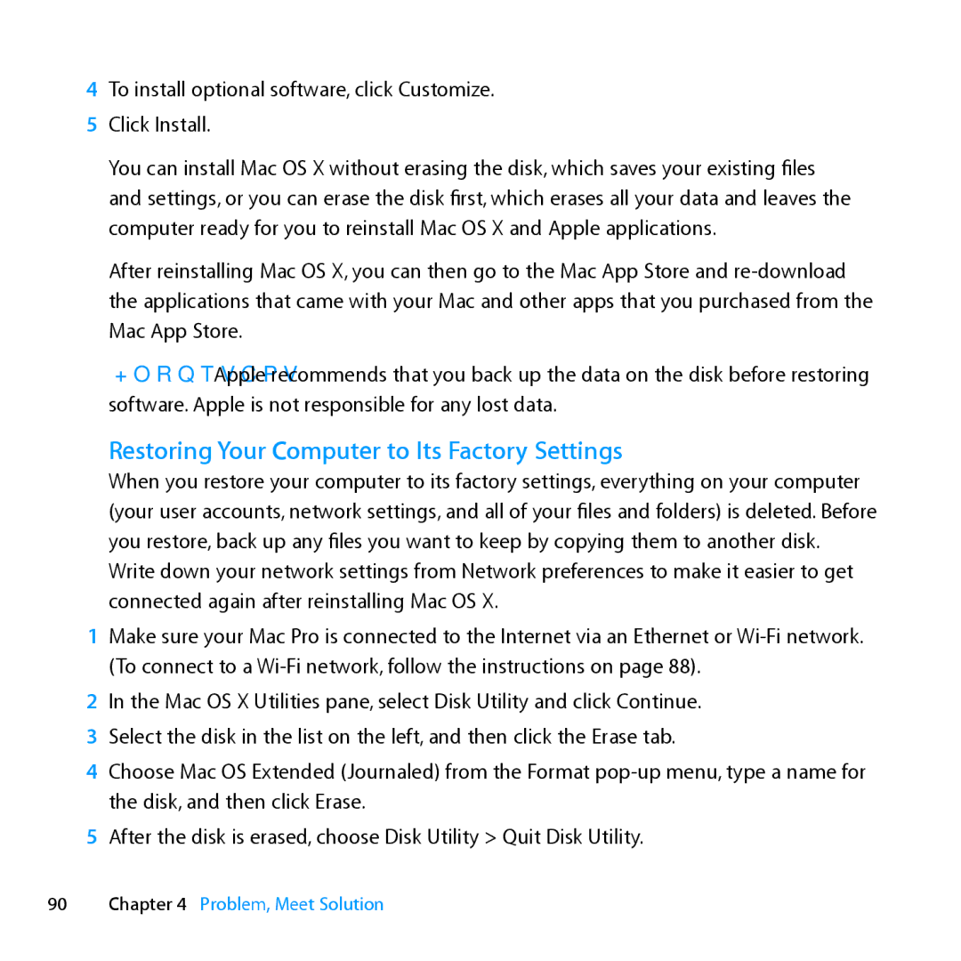 Apple MD770LL/A, MC561LL/A, MD772LL/A, MC560LL/A manual Restoring Your Computer to Its Factory Settings 