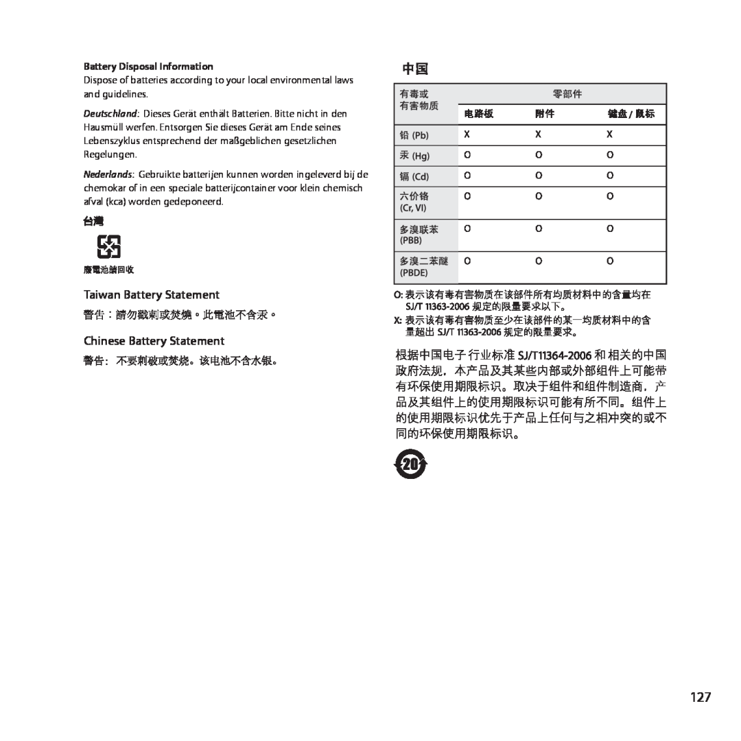 Apple MC560LL/A, MC561LL/A, MD772LL/A manual Taiwan Battery Statement Chinese Battery Statement, Battery Disposal Information 