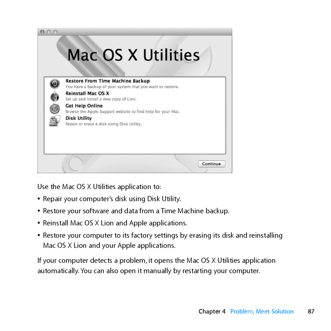 Apple MC560LL/A, MC561LL/A, MD772LL/A, MD770LL/A manual Use the Mac OS X Utilities application to 