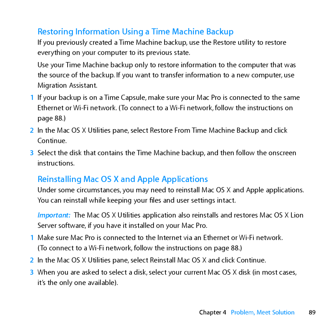 Apple MD772LL/A, MC561LL/A Restoring Information Using a Time Machine Backup, Reinstalling Mac OS X and Apple Applications 