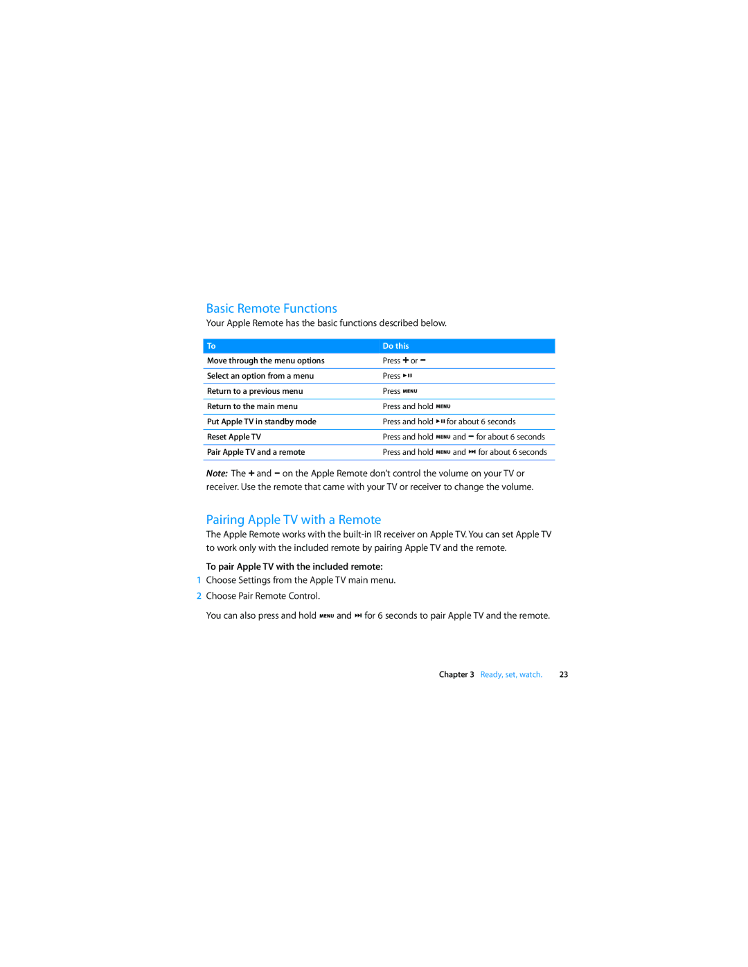 Apple MC572LL/A manual Basic Remote Functions, Pairing Apple TV with a Remote, To pair Apple TV with the included remote 