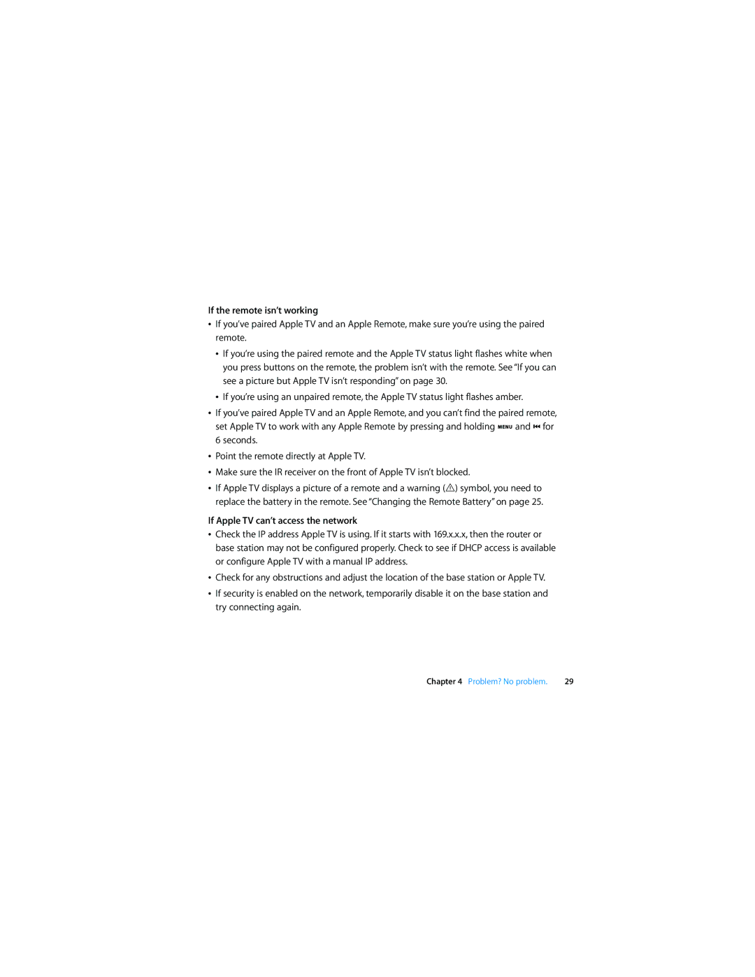 Apple MC572LL/A manual If the remote isn’t working, If Apple TV can’t access the network 