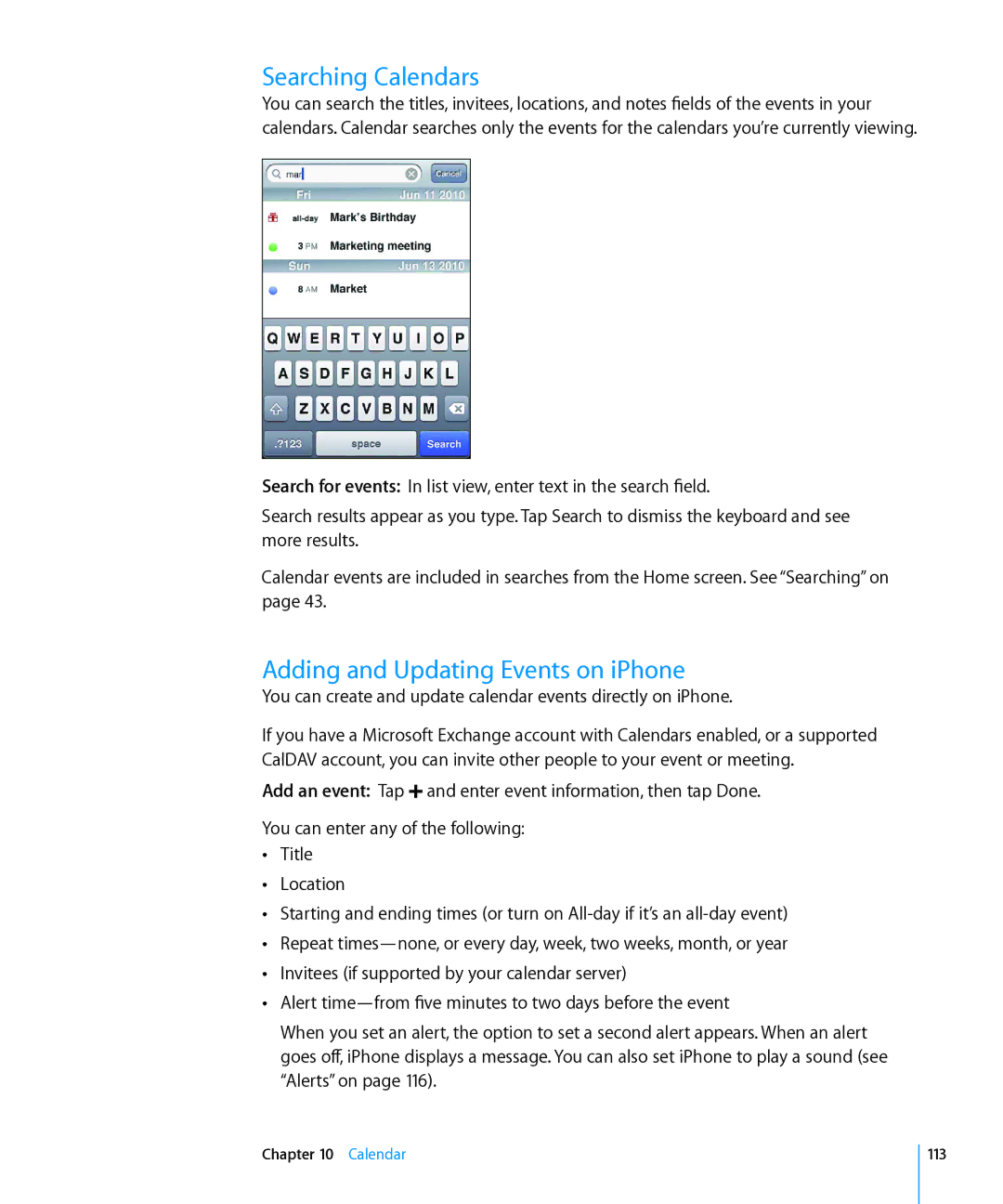 Apple MD198LL/A, MC603LL/A, MC610LL/A, MC678LL/A Searching Calendars, Adding and Updating Events on iPhone, Calendar 113 