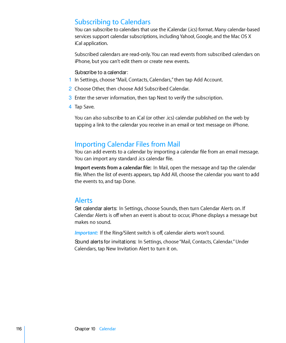 Apple MD196LL/A, MC603LL/A Subscribing to Calendars, Importing Calendar Files from Mail, Alerts, Subscribe to a calendar 