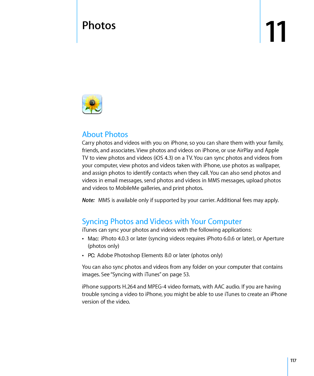 Apple MD128LL/A, MC603LL/A, MC610LL/A, MC678LL/A manual About Photos, Syncing Photos and Videos with Your Computer, 117 