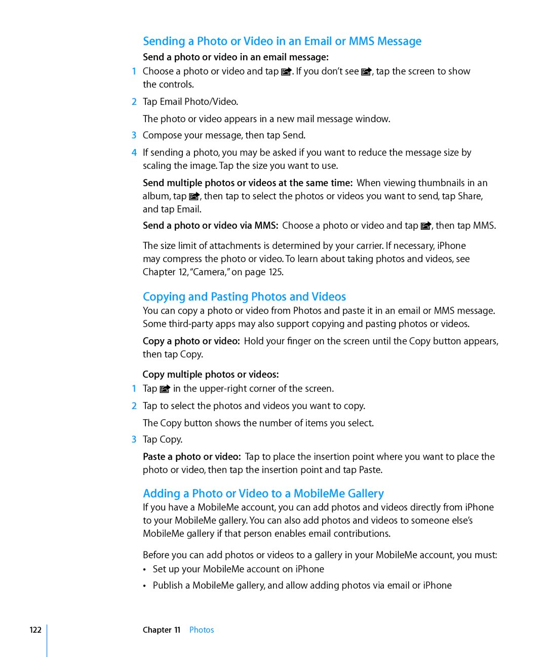 Apple MC678LL/A, MC603LL/A manual Sending a Photo or Video in an Email or MMS Message, Copying and Pasting Photos and Videos 