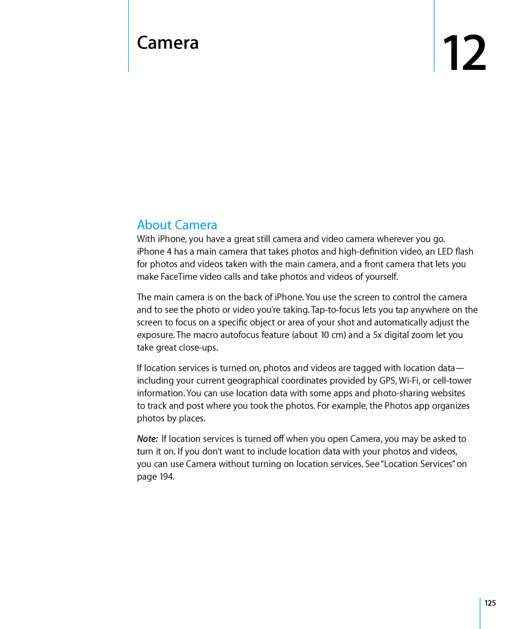 Apple MC606LL/A, MC603LL/A, MC610LL/A, MC678LL/A, MC604LL/A, MC537LL/A, MC679LL/A, MC603C/A, MC605LL/A manual About Camera, 125 