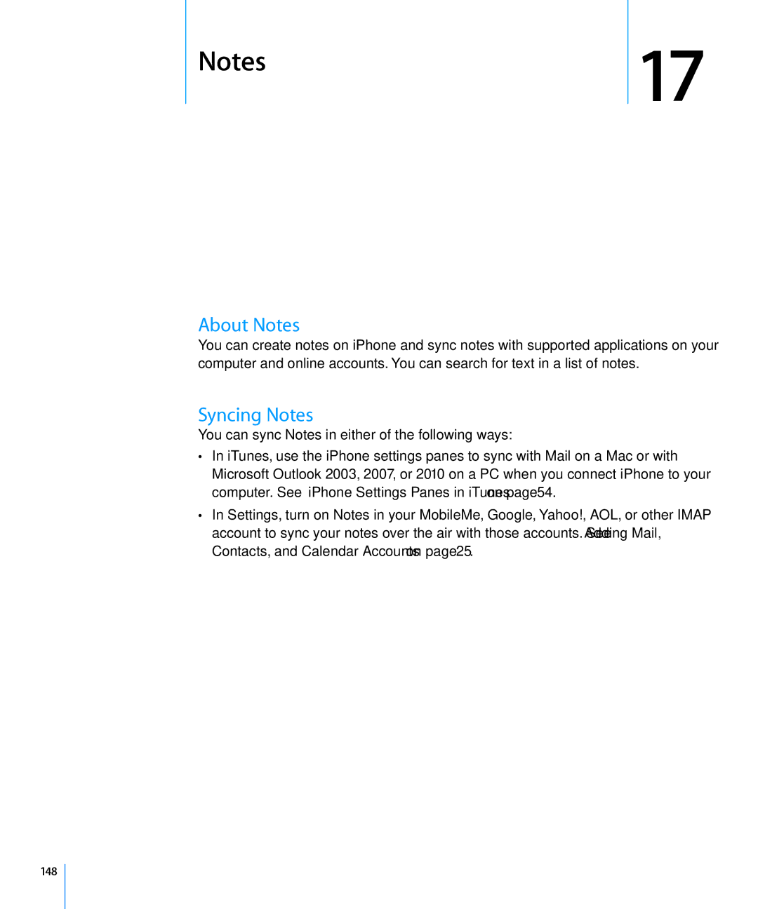 Apple MC605LL/A, MC603LL/A, MC610LL/A About Notes, Syncing Notes, You can sync Notes in either of the following ways, 148 