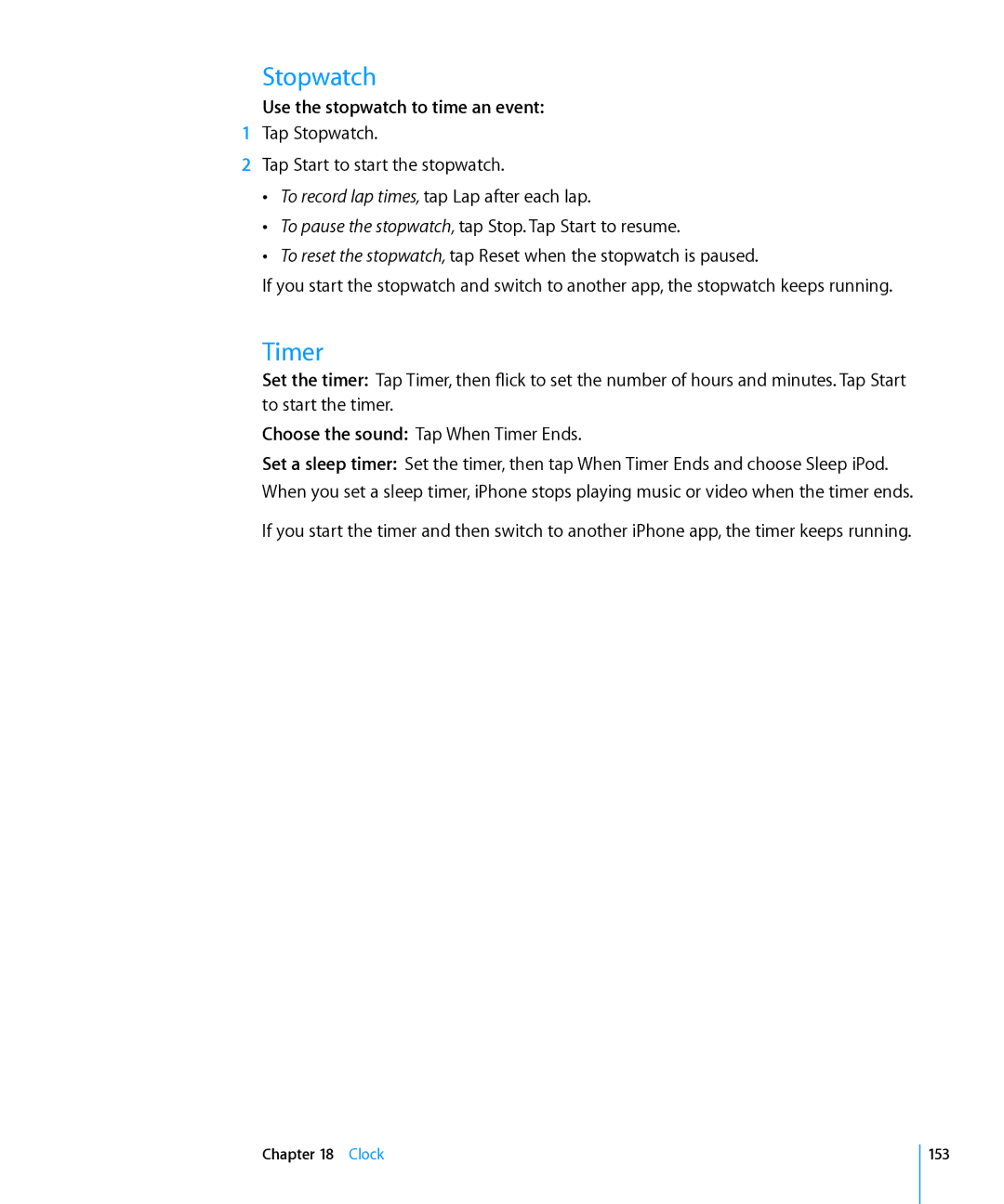 Apple MD198LL/A, MC603LL/A, MC610LL/A, MC678LL/A, MC604LL/A Stopwatch, Timer, Use the stopwatch to time an event, Clock 153 
