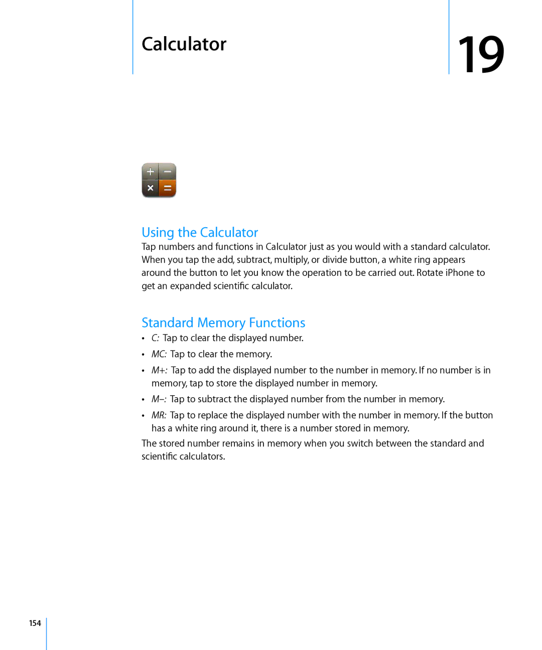 Apple MD146LL/A, MC603LL/A, MC610LL/A, MC678LL/A, MC603C/A Calculator19, Using the Calculator, Standard Memory Functions, 154 