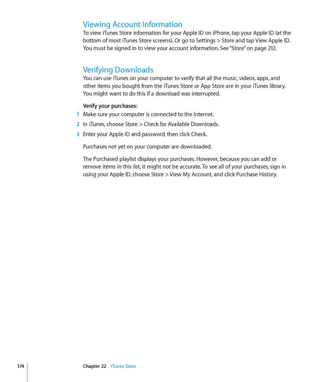 Apple MD146LL/A, MC603LL/A, MC610LL/A Viewing Account Information, Verifying Downloads, Verify your purchases, ITunes Store 
