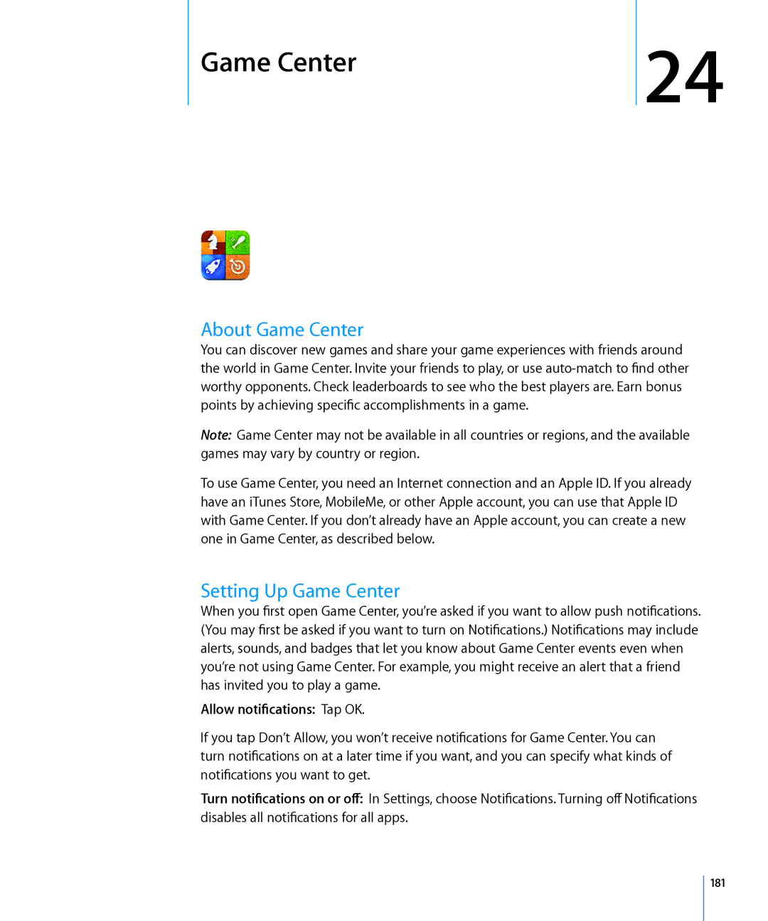 Apple MC610LL/A, MC603LL/A, MC678LL/A manual About Game Center, Setting Up Game Center, Allow notifications Tap OK, 181 