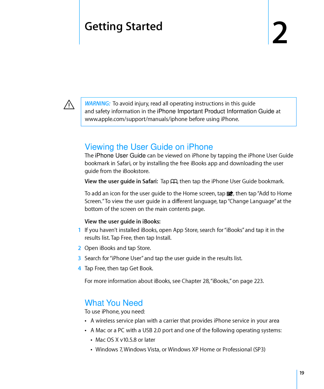 Apple MD126LL/A, MC603LL/A Getting Started, Viewing the User Guide on iPhone, What You Need, View the user guide in iBooks 