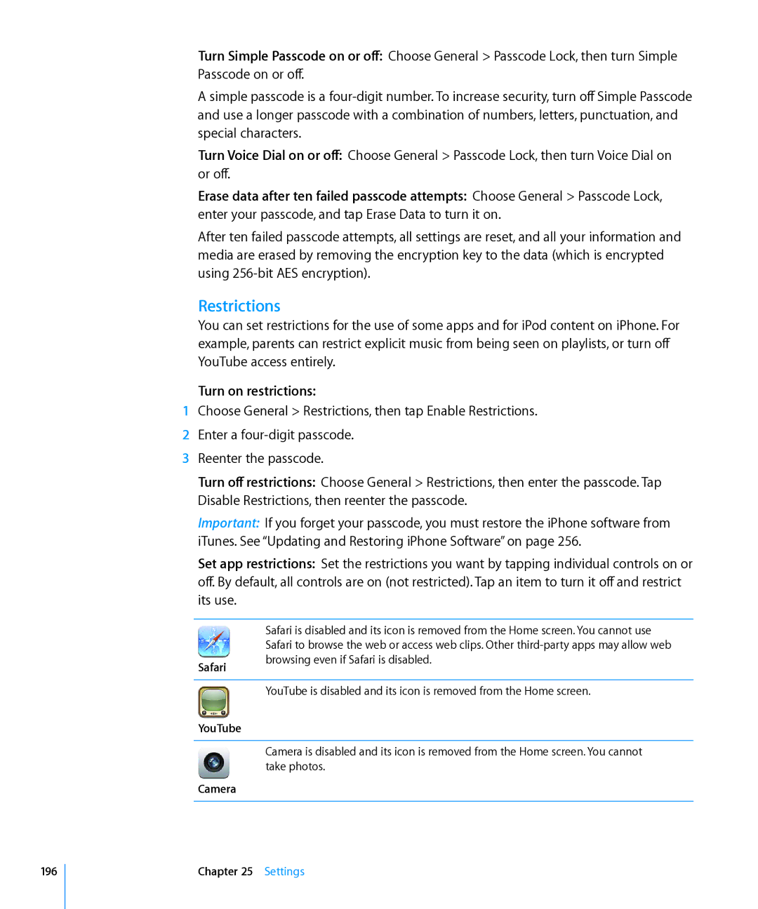 Apple MD196LL/A, MC603LL/A, MC610LL/A, MC678LL/A, MC604LL/A, MC537LL/A Restrictions, Turn on restrictions, Camera 196 Settings 