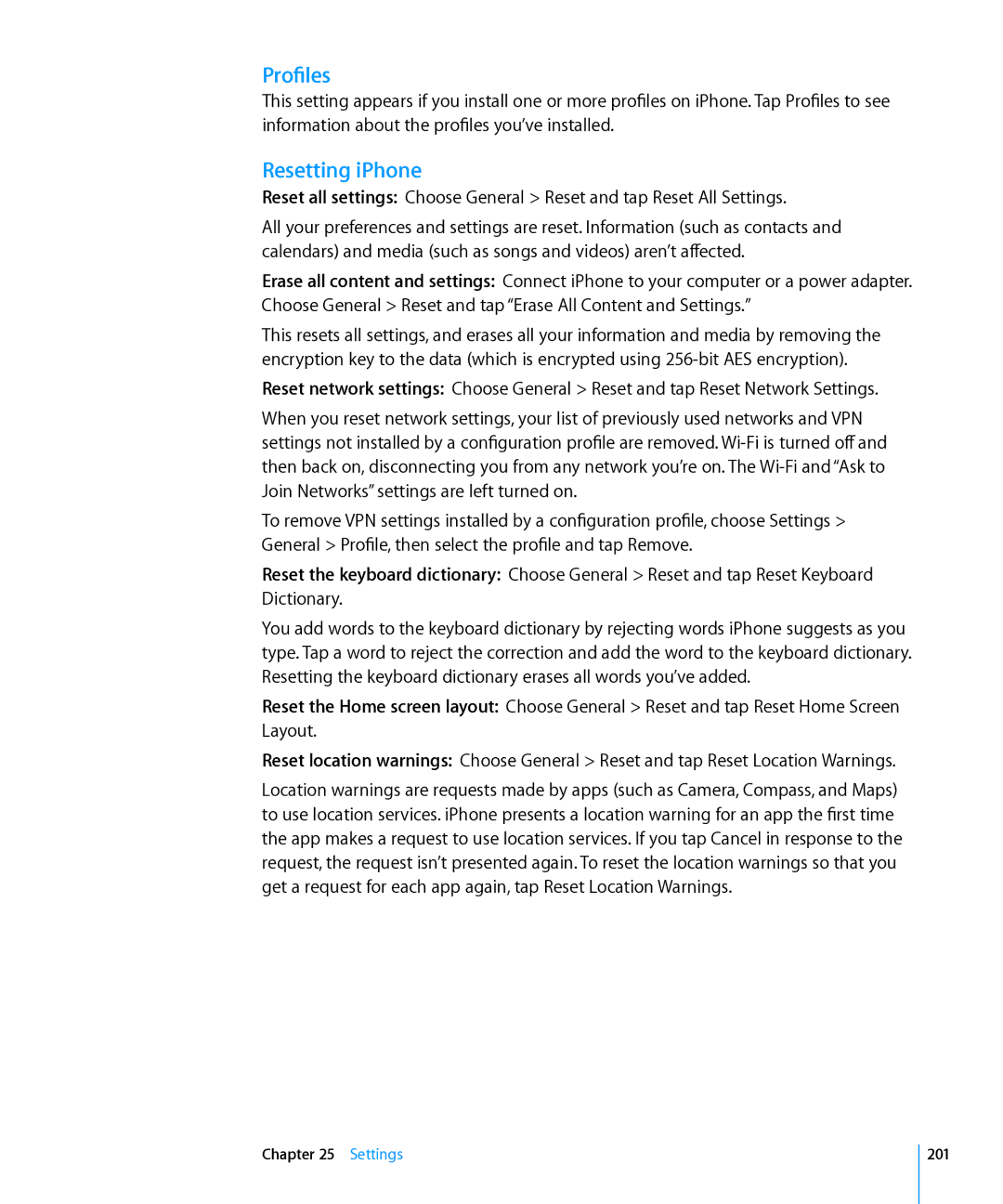 Apple MC610LL/A, MC603LL/A, MC678LL/A, MC604LL/A, MC537LL/A, MC606LL/A, MC679LL/A manual Profiles, Resetting iPhone, Settings 201 