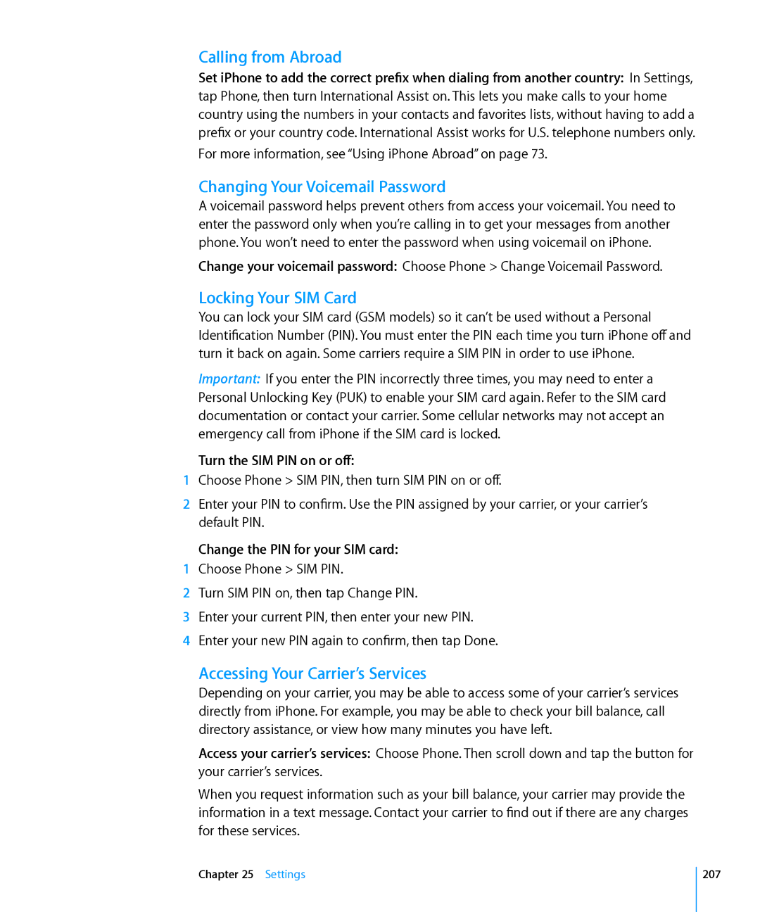 Apple MC603C/A, MC603LL/A, MC610LL/A, MC678LL/A Calling from Abroad, Changing Your Voicemail Password, Locking Your SIM Card 