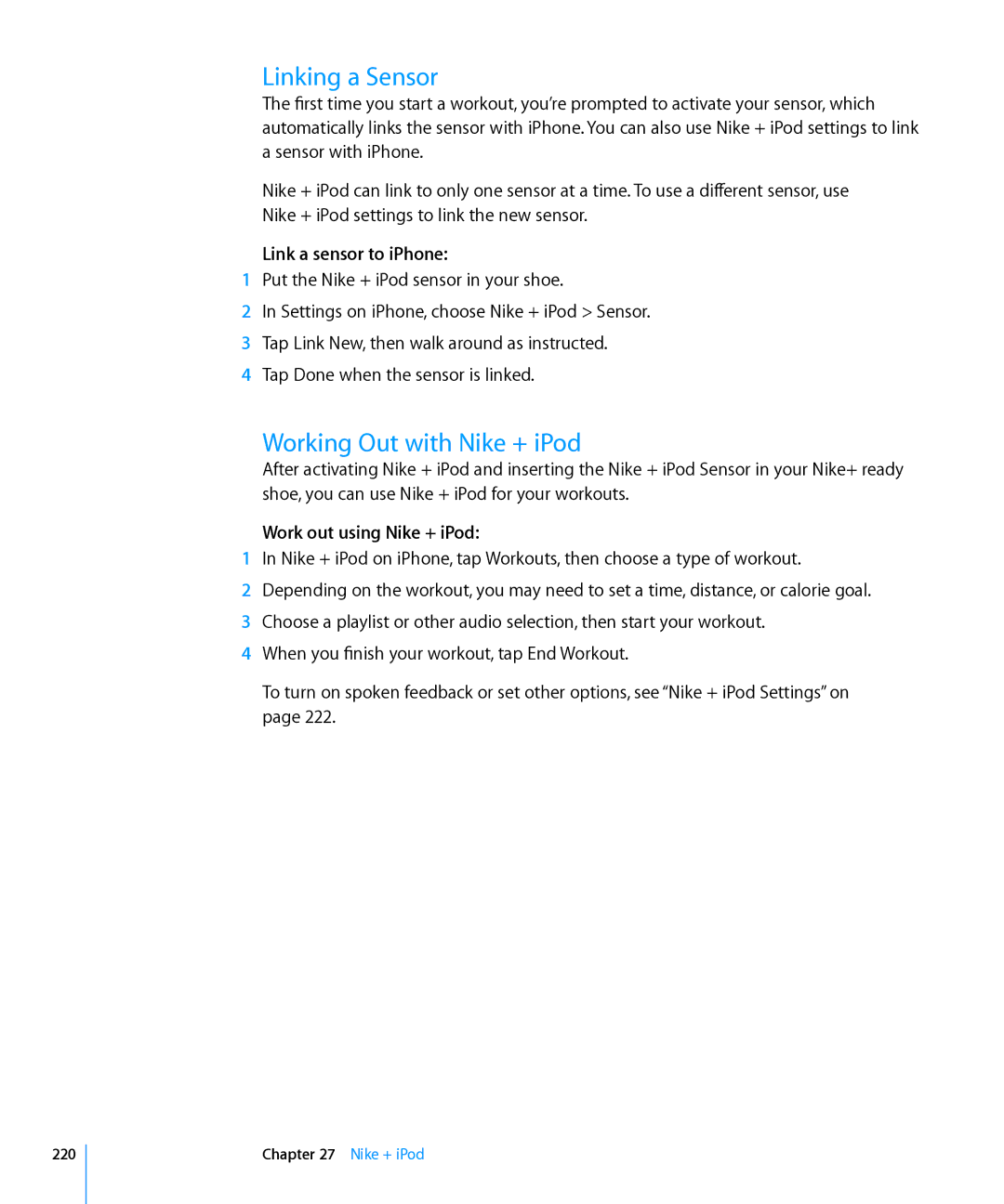 Apple MC603LL/A manual Linking a Sensor, Working Out with Nike + iPod, Link a sensor to iPhone, Work out using Nike + iPod 