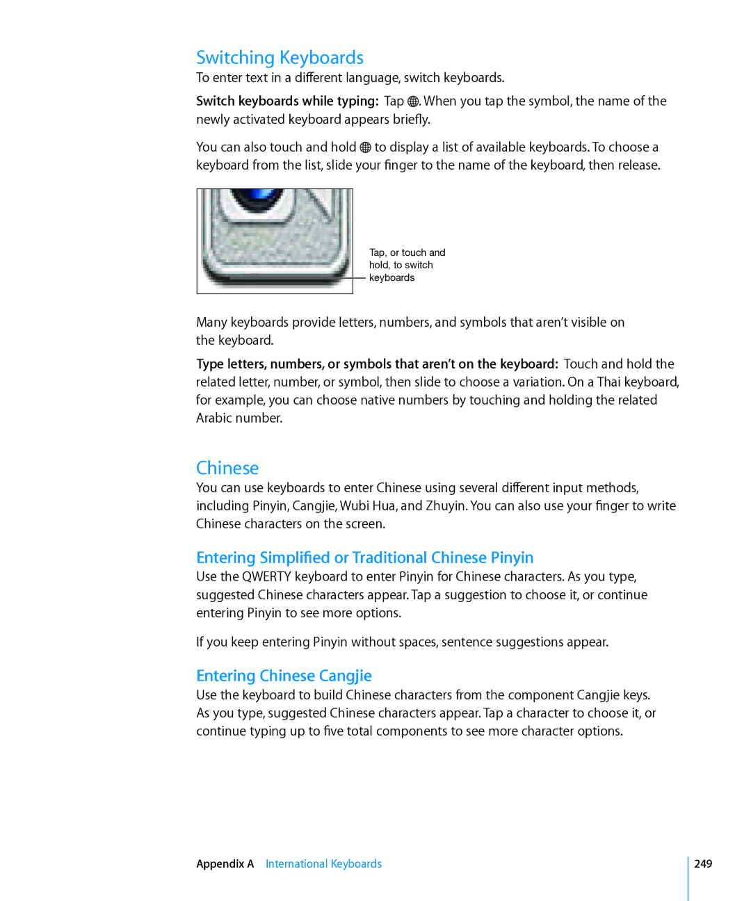 Apple MC318LL/A Switching Keyboards, Entering Simplified or Traditional Chinese Pinyin, Entering Chinese Cangjie, 249 