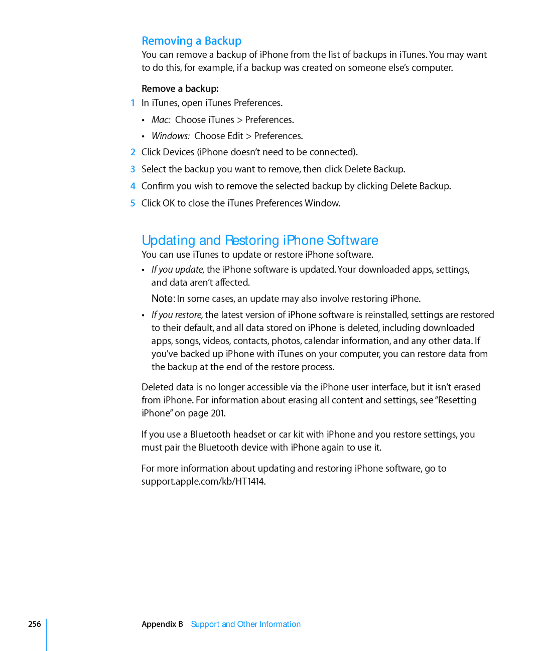 Apple MD196LL/A, MC603LL/A, MC610LL/A manual Updating and Restoring iPhone Software, Removing a Backup, Remove a backup, 256 
