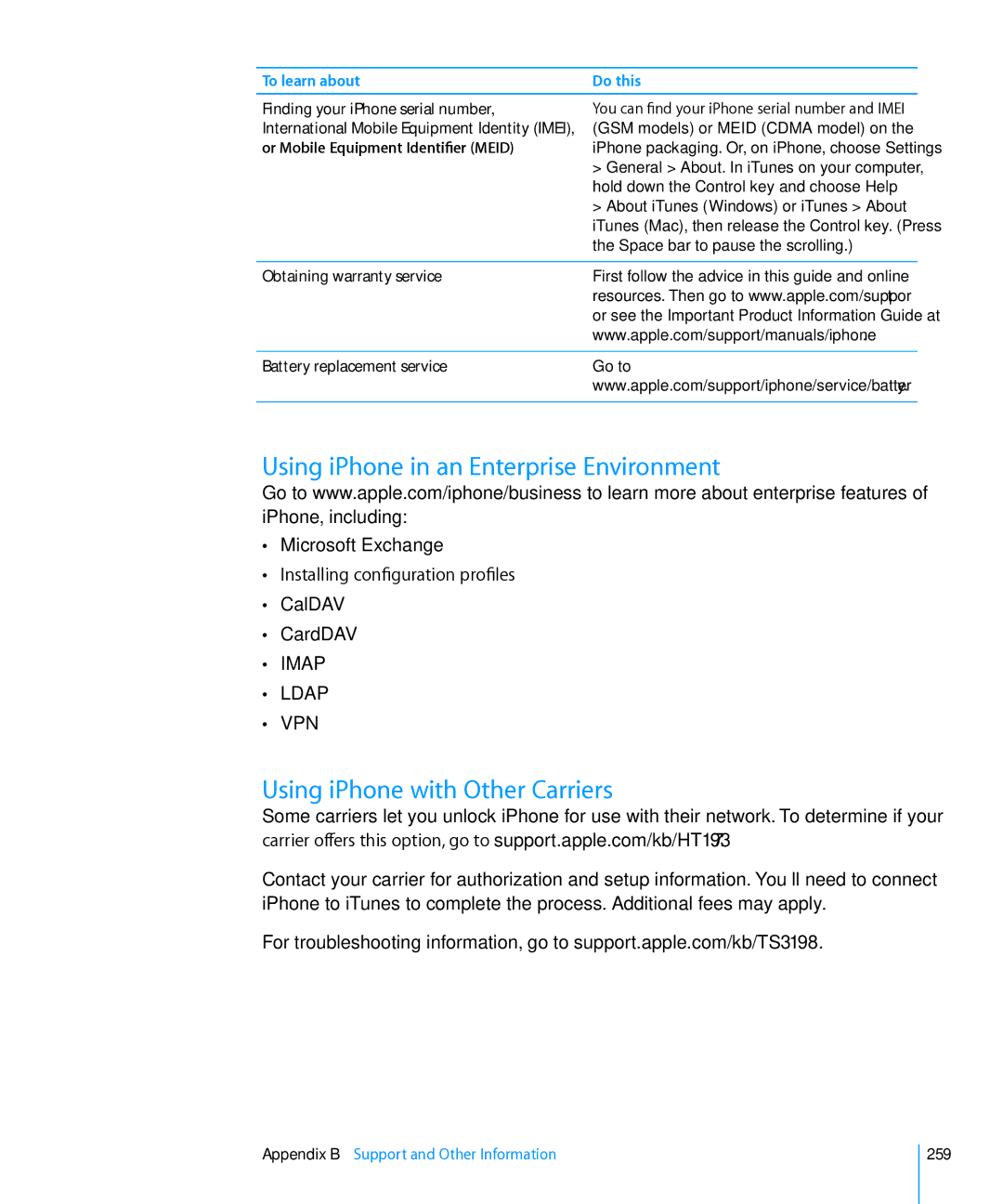 Apple MD126LL/A, MC603LL/A, MC610LL/A, MC678LL/A Using iPhone in an Enterprise Environment, Using iPhone with Other Carriers 