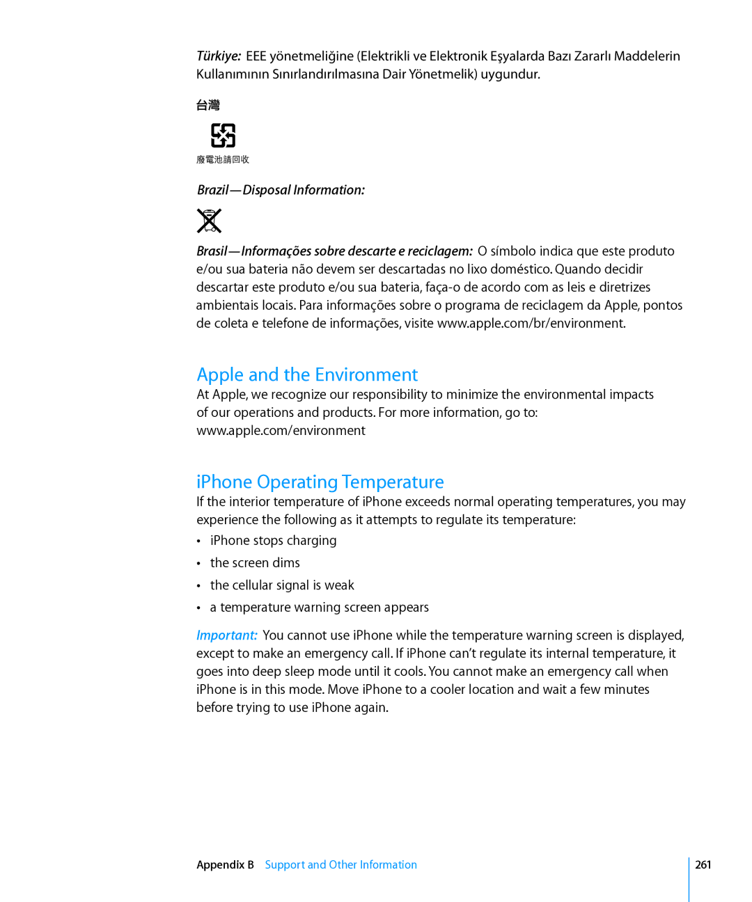 Apple MC610LL/A, MC603LL/A, MC678LL/A, MC604LL/A, MC537LL/A manual Apple and the Environment IPhone Operating Temperature, 261 