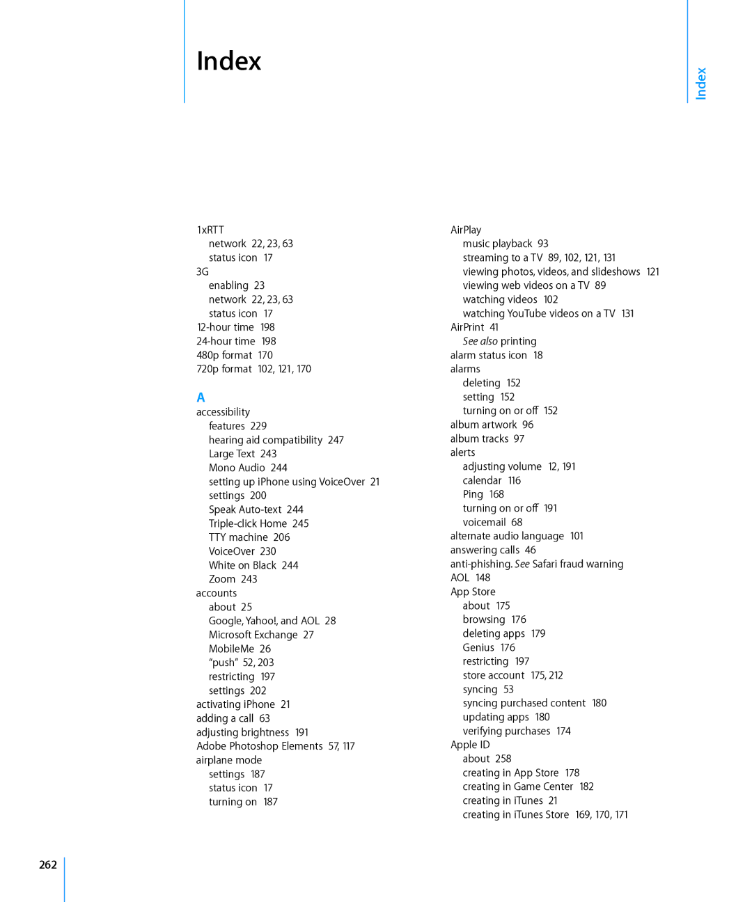 Apple MC678LL/A, MC603LL/A, MC610LL/A, MC604LL/A, MC537LL/A, MC606LL/A, MC679LL/A, MC603C/A, MC605LL/A, MC318LL/A manual Index, 262 