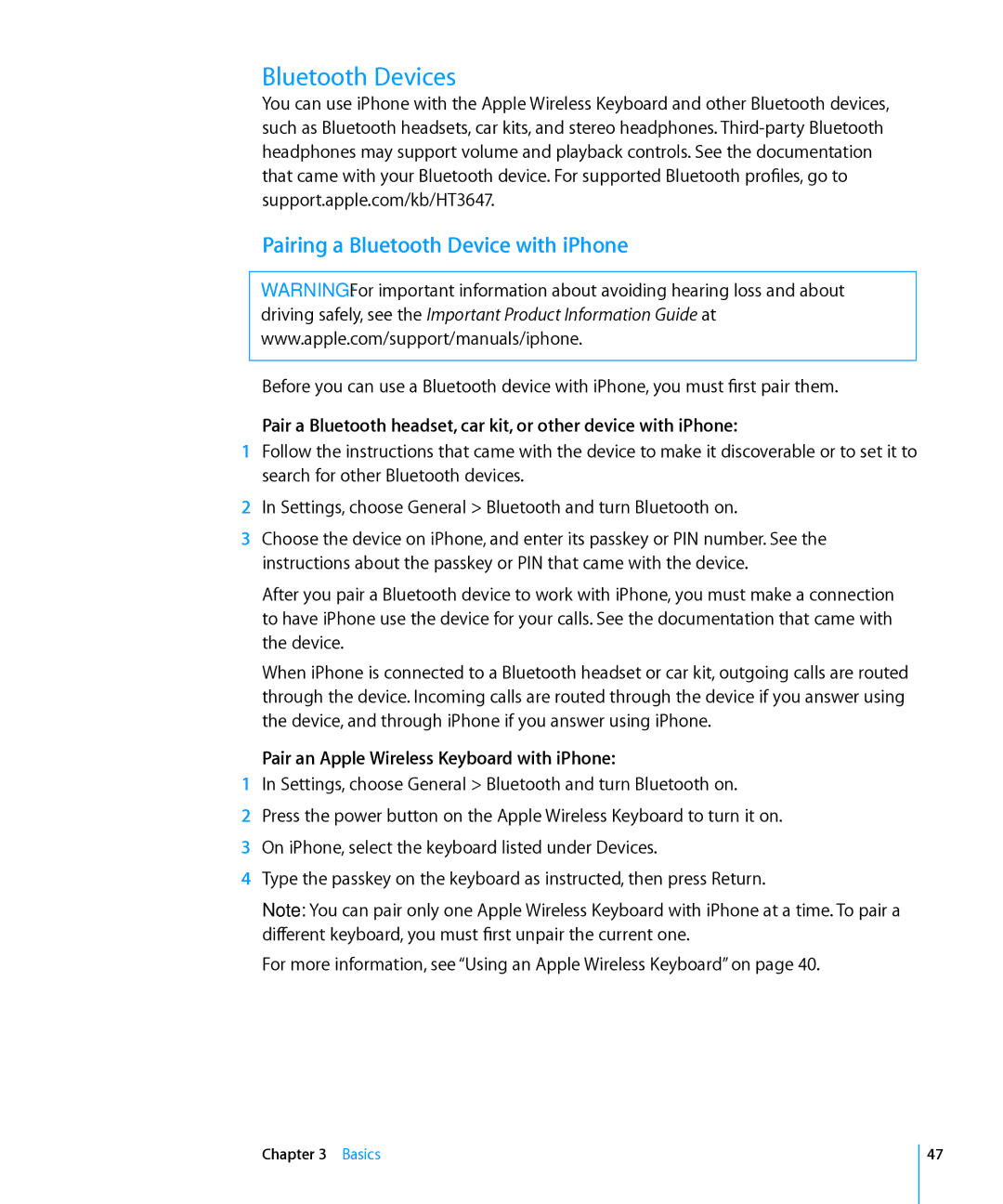 Apple MC603C/A Bluetooth Devices, Pairing a Bluetooth Device with iPhone, Pair an Apple Wireless Keyboard with iPhone 