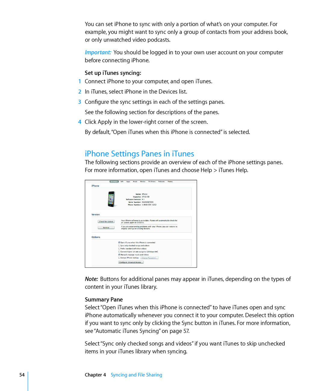 Apple MD146LL/A, MC603LL/A, MC610LL/A, MC678LL/A manual IPhone Settings Panes in iTunes, Set up iTunes syncing, Summary Pane 