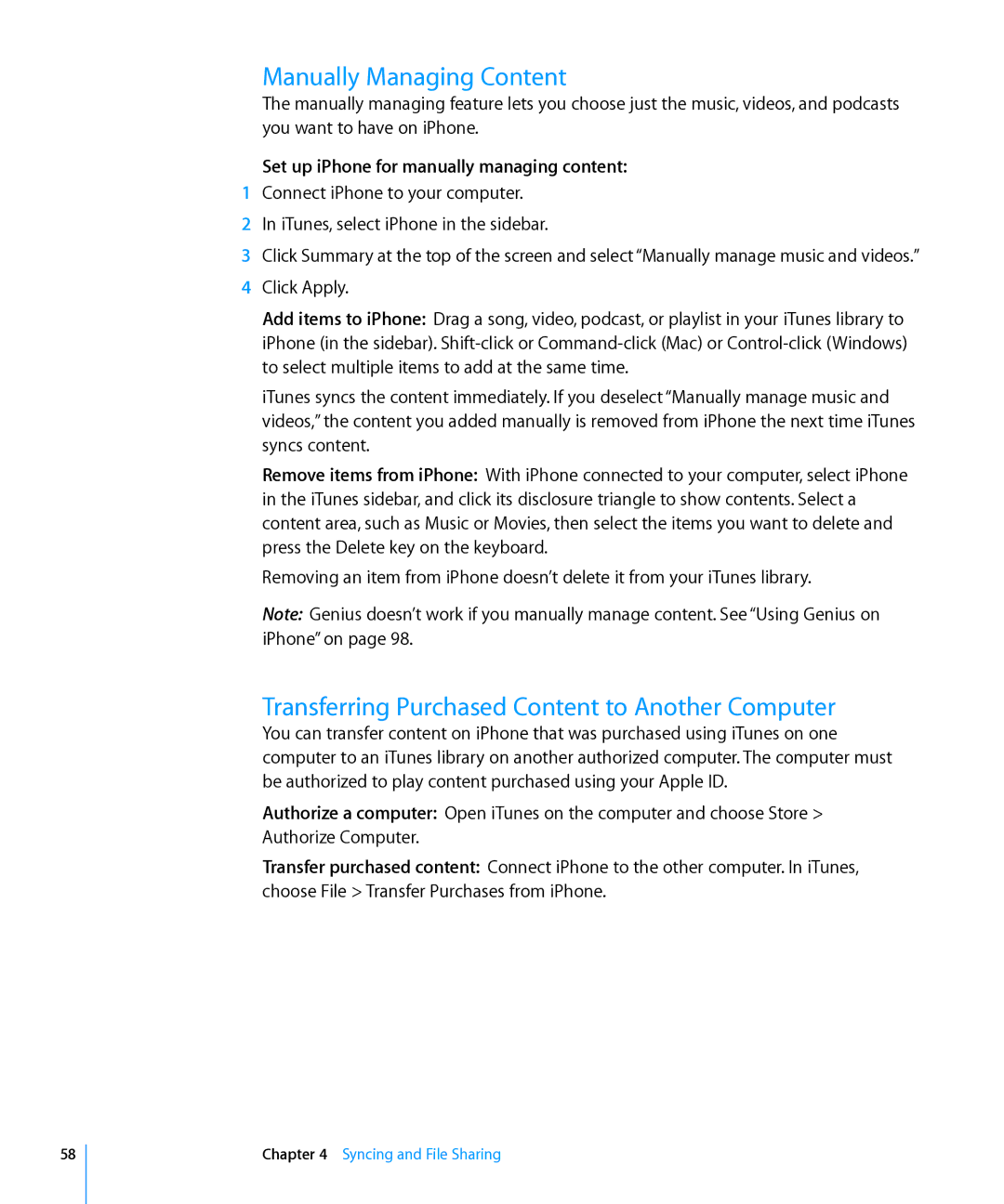 Apple MD197LL/A, MC603LL/A, MC610LL/A manual Manually Managing Content, Transferring Purchased Content to Another Computer 