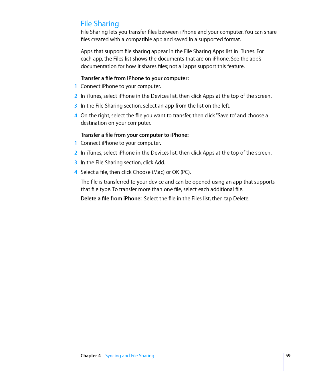 Apple MD126LL/A File Sharing, Transfer a file from iPhone to your computer, Transfer a file from your computer to iPhone 