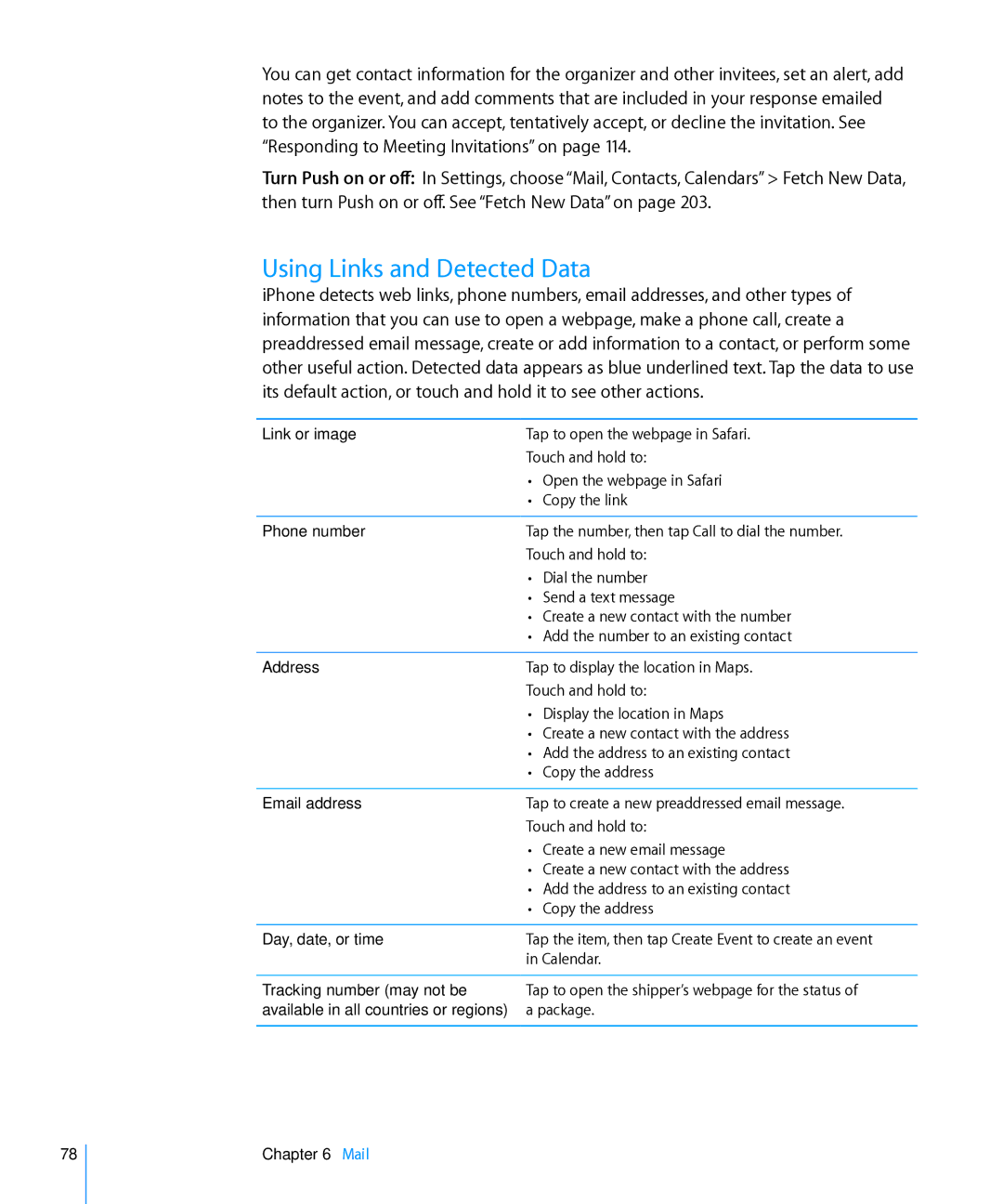 Apple MD197LL/A, MC603LL/A, MC610LL/A, MC678LL/A, MC604LL/A, MC537LL/A, MC606LL/A, MC679LL/A manual Using Links and Detected Data 