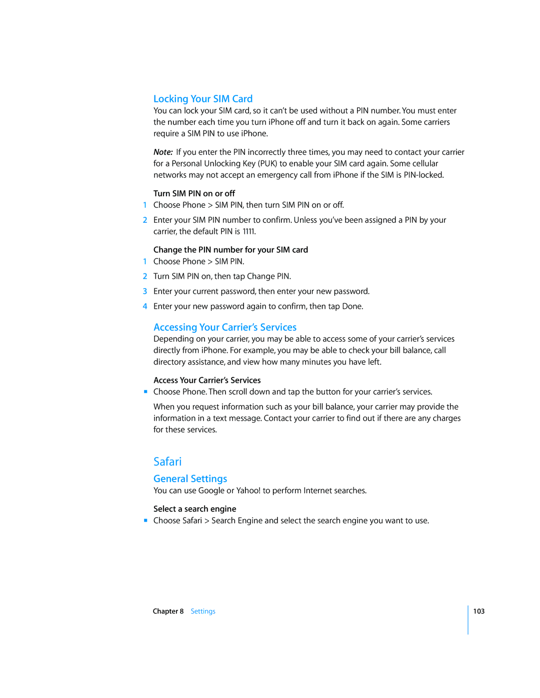 Apple A1349, MC676LL/A, A1442, A1332 manual Safari, Locking Your SIM Card, Accessing Your Carrier’s Services, General Settings 