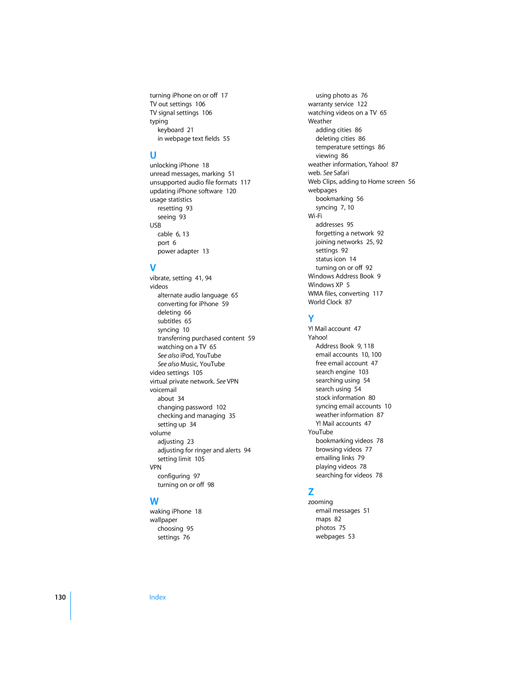 Apple A1349, MC676LL/A, A1442, A1332, A1428, A1429, A1431, A1325, A1387 manual Usb, 130 