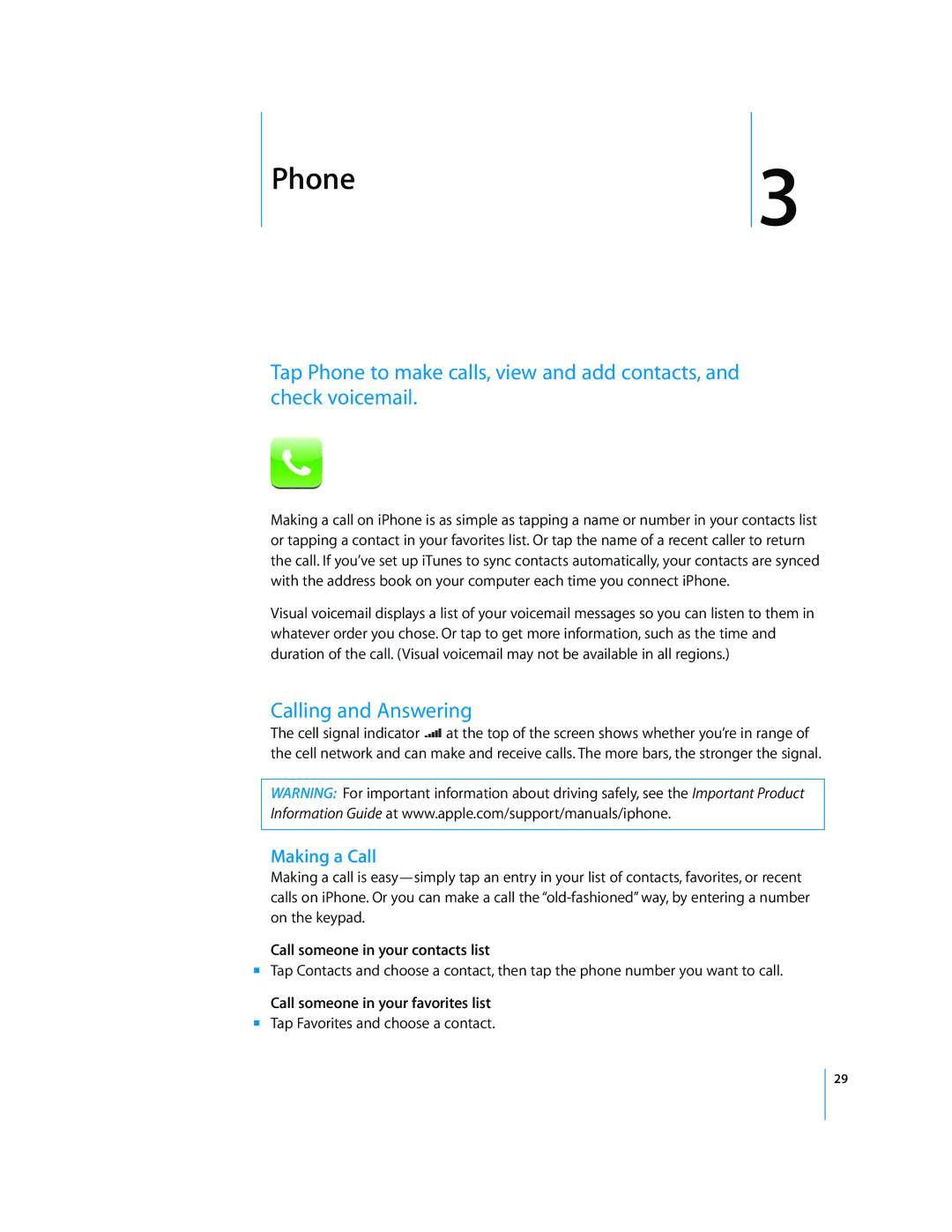 Apple A1332 Calling and Answering, Making a Call, Call someone in your contacts list, Call someone in your favorites list 