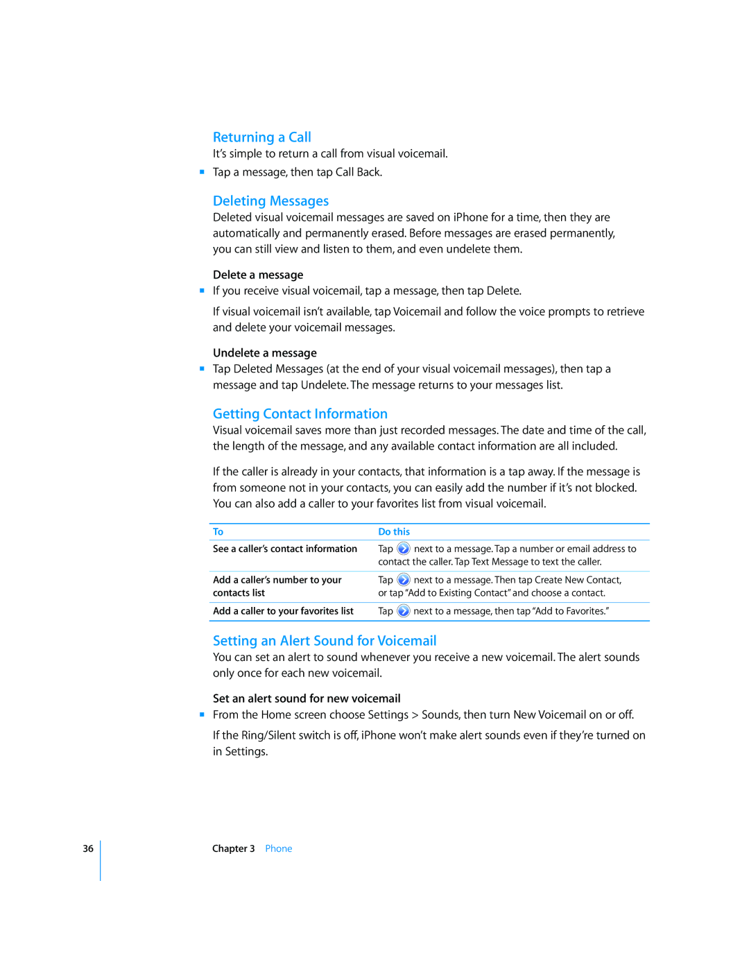 Apple MC676LL/A Returning a Call, Deleting Messages, Getting Contact Information, Setting an Alert Sound for Voicemail 