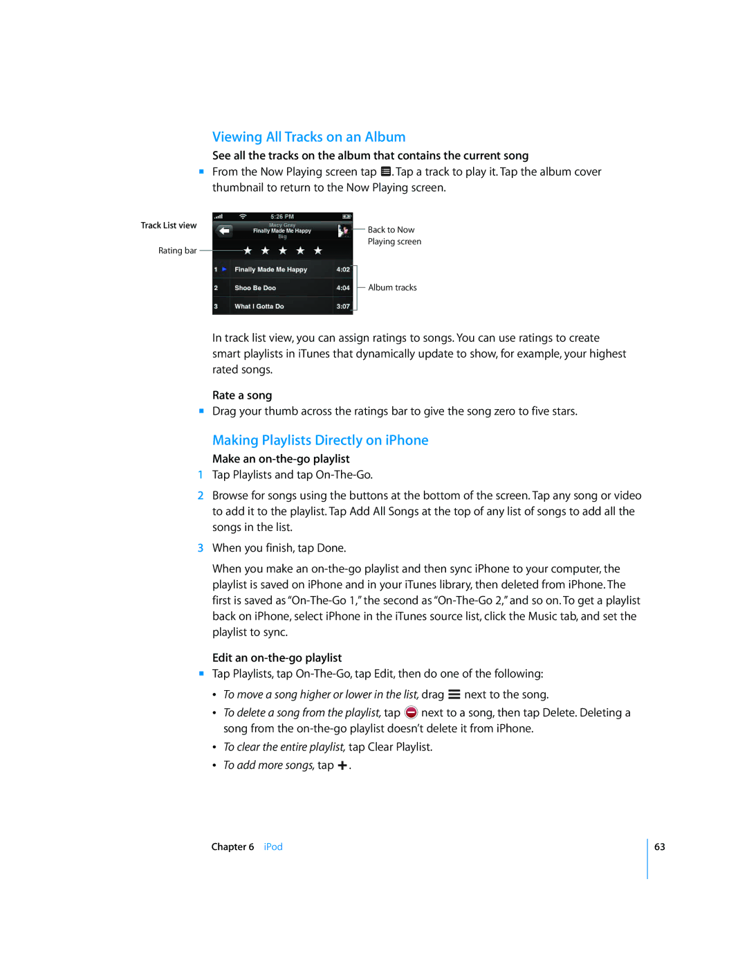 Apple MC676LL/A, A1442, A1332, A1428, A1349 Viewing All Tracks on an Album, Making Playlists Directly on iPhone, Rate a song 