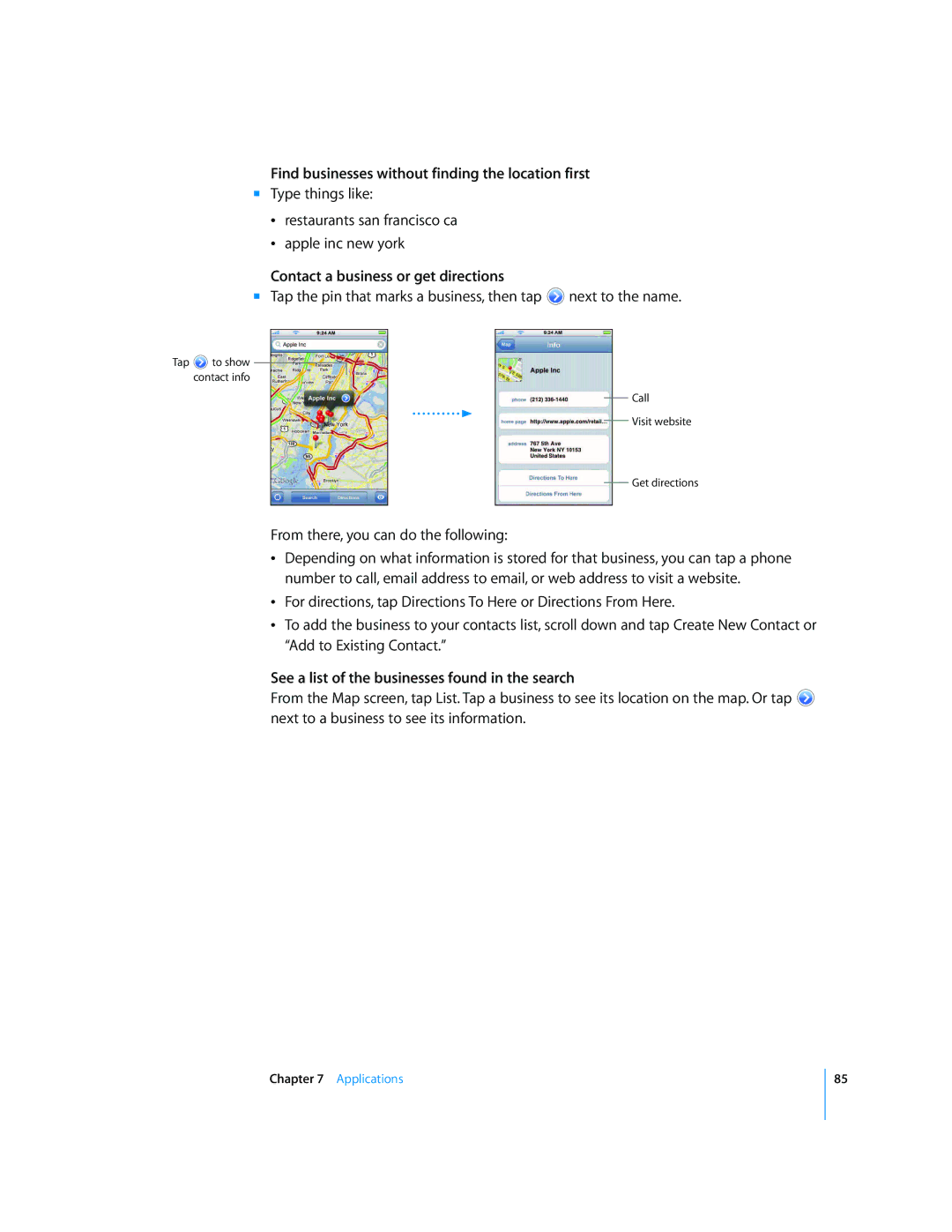 Apple A1349, MC676LL/A, A1442 manual Find businesses without finding the location first, Contact a business or get directions 