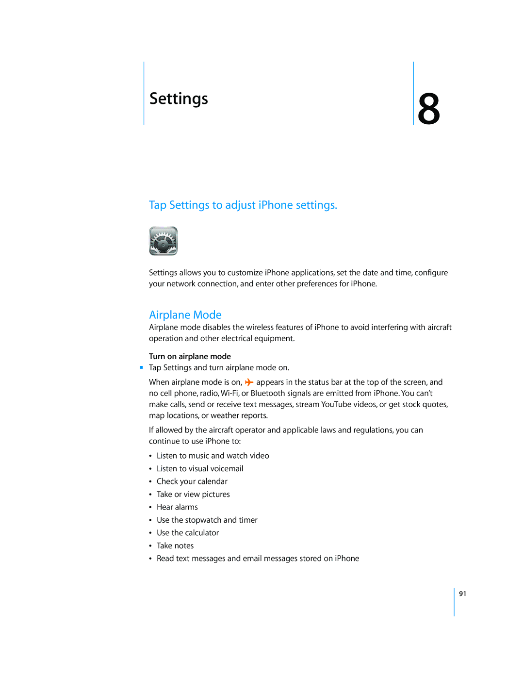 Apple A1442, MC676LL/A, A1332, A1428, A1349 manual Tap Settings to adjust iPhone settings, Airplane Mode, Turn on airplane mode 