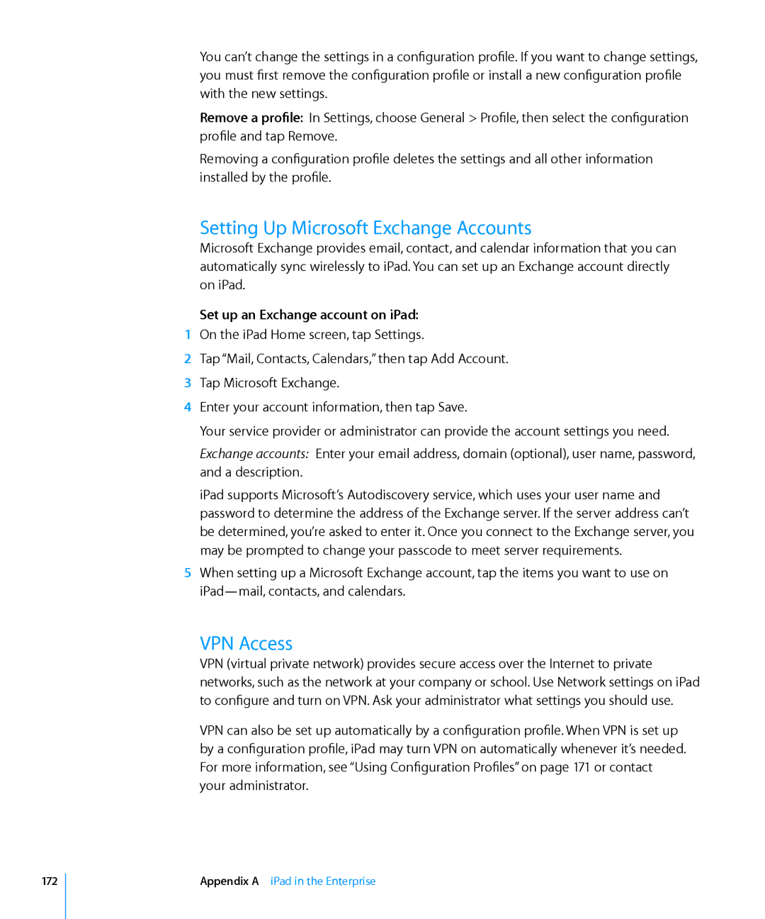Apple MC984LL/A, MC769LL/A Setting Up Microsoft Exchange Accounts, VPN Access, Set up an Exchange account on iPad, 172 
