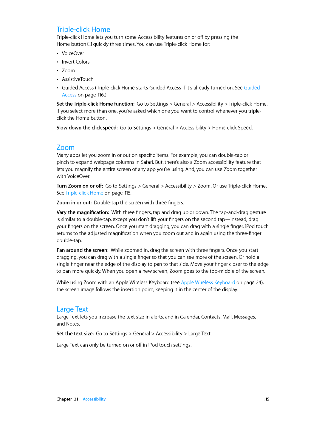Apple ME643LL/A, MC903LL/A, MD724LL/A manual Triple-click Home, Zoom, Large Text 
