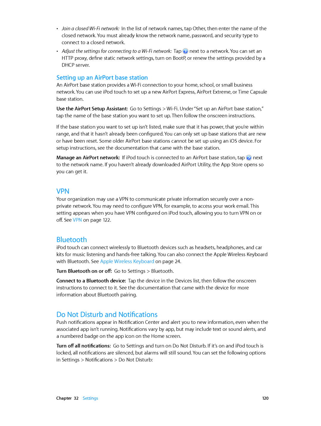 Apple MC903LL/A, ME643LL/A, MD724LL/A manual Bluetooth, Do Not Disturb and Notifications, Setting up an AirPort base station 
